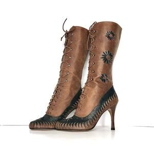 Dior Fall 2000 Galliano Vintage Floral Cutout Laceup Western Heeled Boots 37